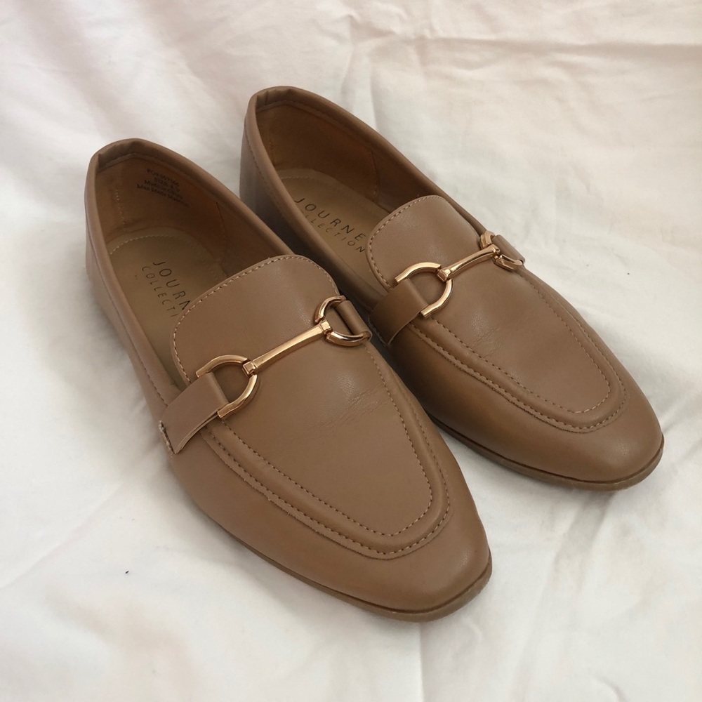 Journee Collection Tan Leather Loafers with Gold Bit